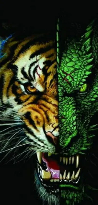 Tiger and dragon fusion artwork in vibrant colors for mobile wallpaper.