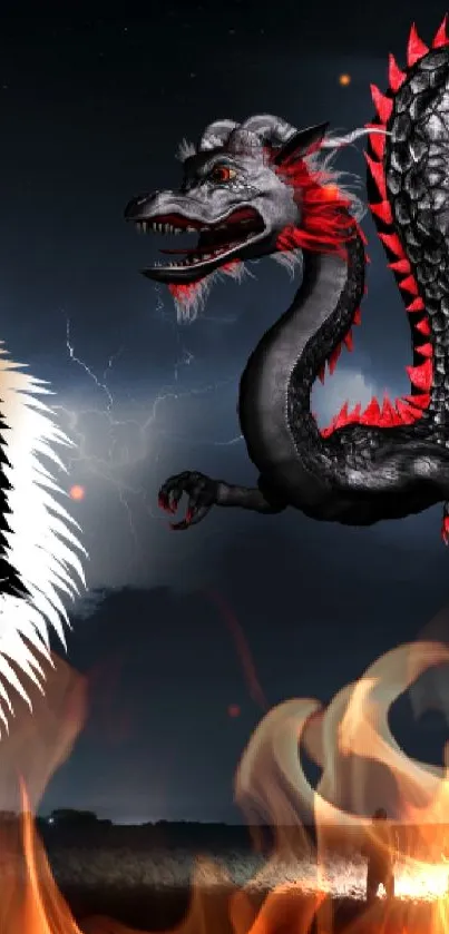 Dynamic tiger and dragon under a starry night sky with bold contrast.