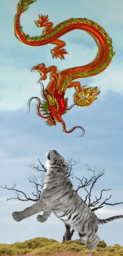 Fierce tiger leaping towards red dragon sky