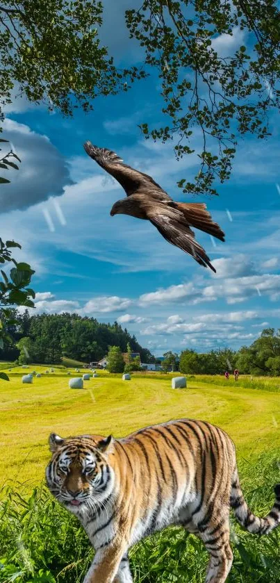 Tiger and eagle in a lush green meadow under a bright blue sky.