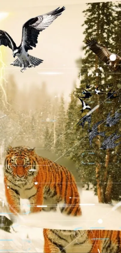 Tiger and eagles in a snowy forest wallpaper.