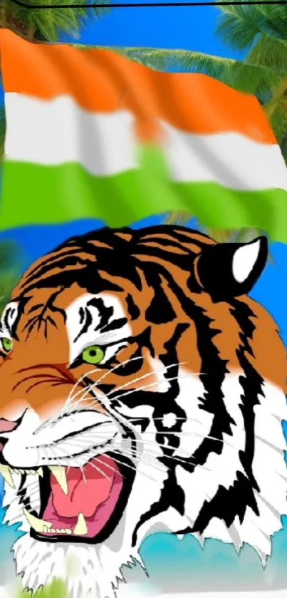 Vibrant tiger with Indian flag on a tropical beach.