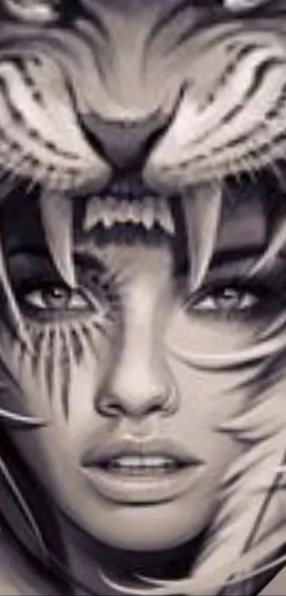 Grayscale artwork blending a woman's face with a tiger.