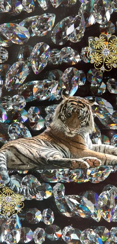 Tiger lying on dazzling jewel bed wallpaper.