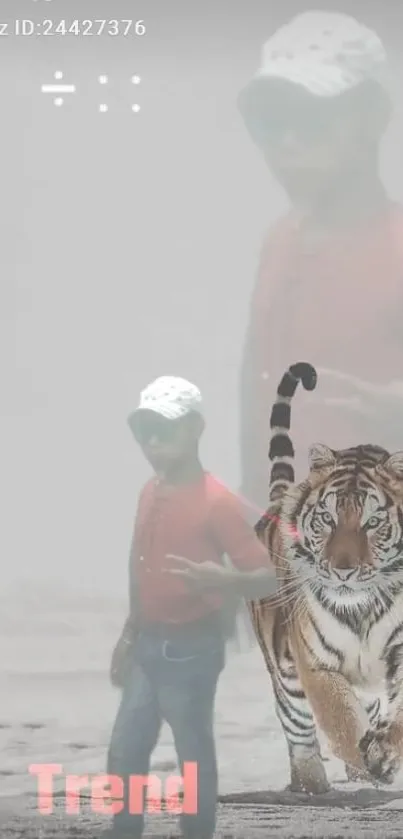 Artistic wallpaper with a tiger and person in red.