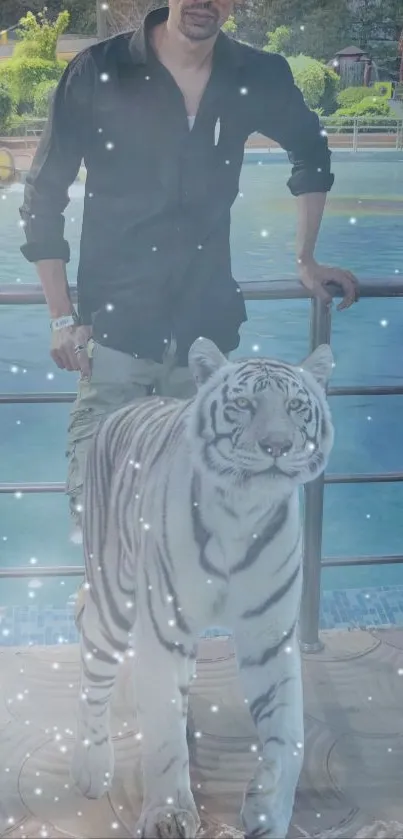 Man and white tiger in a sparkling blue setting.