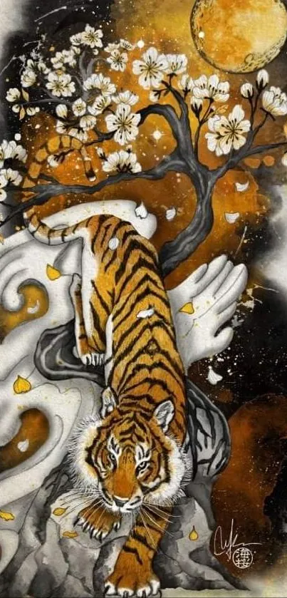 Tiger under moon with cherry blossoms in digital art style.