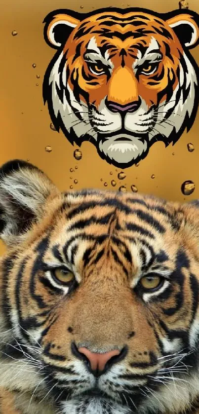 Tiger face with rain droplets on a golden background.