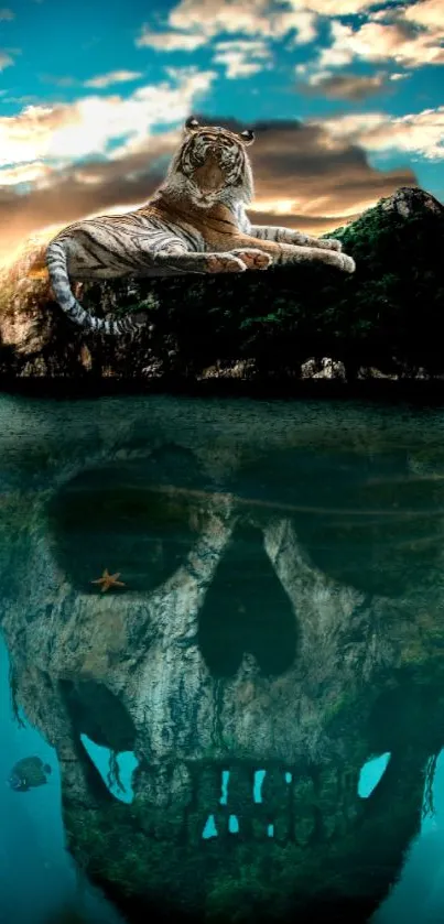 Tiger resting on a skull-shaped island in a fantasy setting.