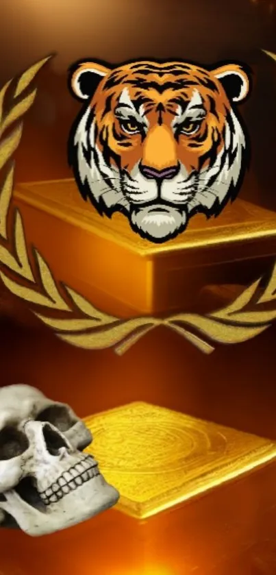 Dynamic wallpaper with tiger emblem and skull on brown background.