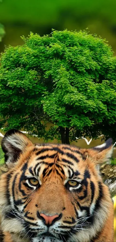 Tiger with vibrant green tree background wallpaper.