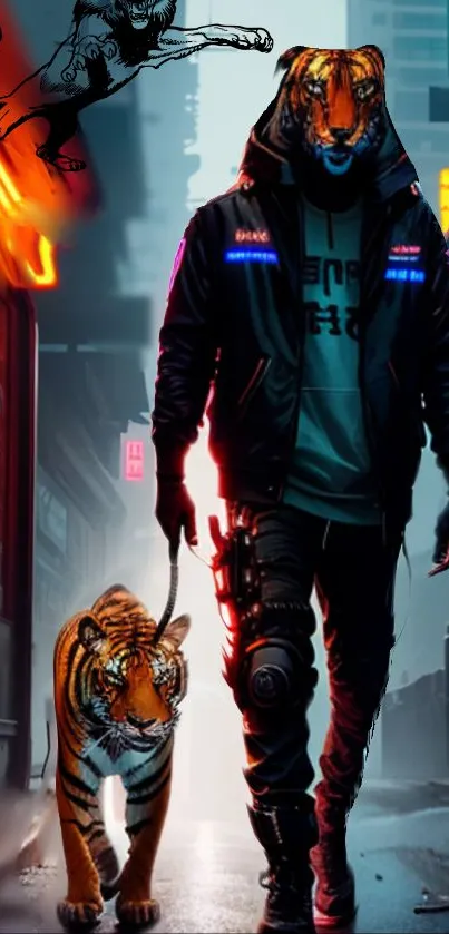 Tiger-headed figure walks neon-lit urban street with tiger.