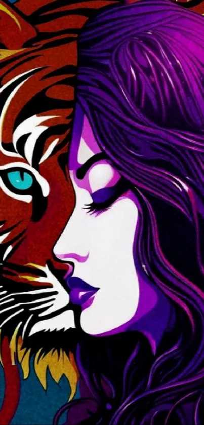 Vibrant tiger and woman face art in purple hues, perfect for mobile wallpaper.