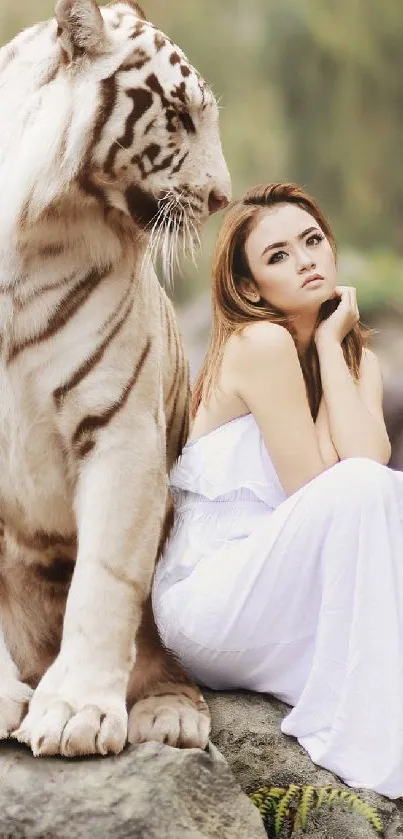 White tiger and woman by rocks in nature.