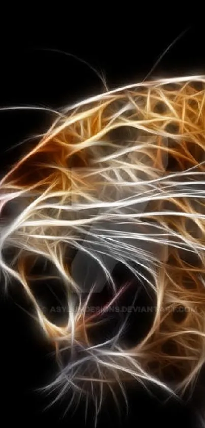 Fractal tiger design on dark background, vibrant lines.