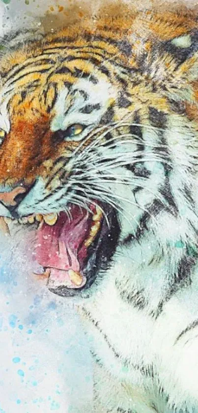 Tiger artwork mobile wallpaper with watercolor effect.