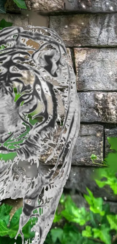 Silver tiger silhouette on stone wall with green plants.