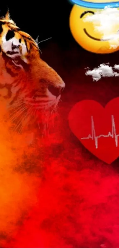 Colorful tiger and heart emoji wallpaper with vibrant red hues.