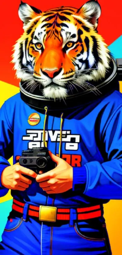 Vibrant tiger astronaut holding a camera with a colorful abstract background.