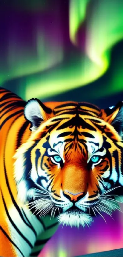 Vibrant tiger with aurora in the background as a mobile wallpaper.