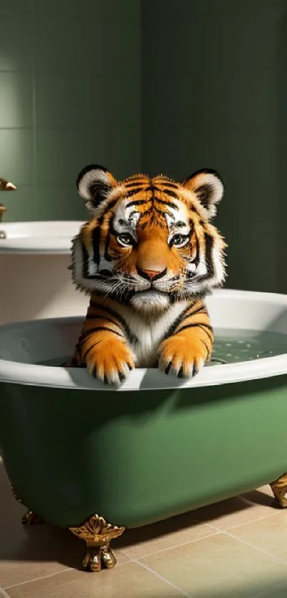 Tiger sitting in a green bathtub in stylish bathroom wallpaper.