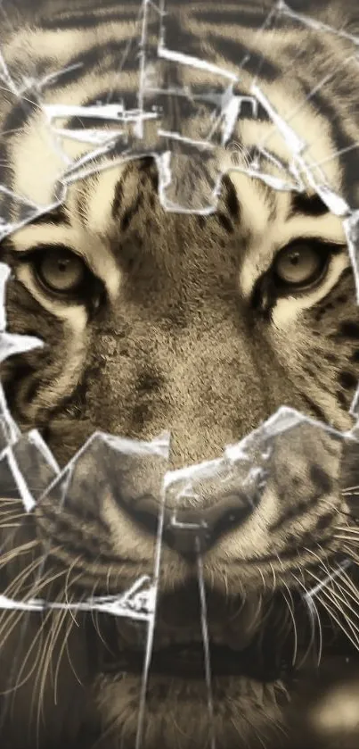 Tiger's face behind cracked glass, eyes intently staring.