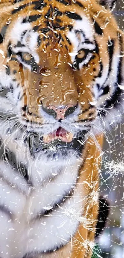 Tiger behind frosted glass with rain droplets.