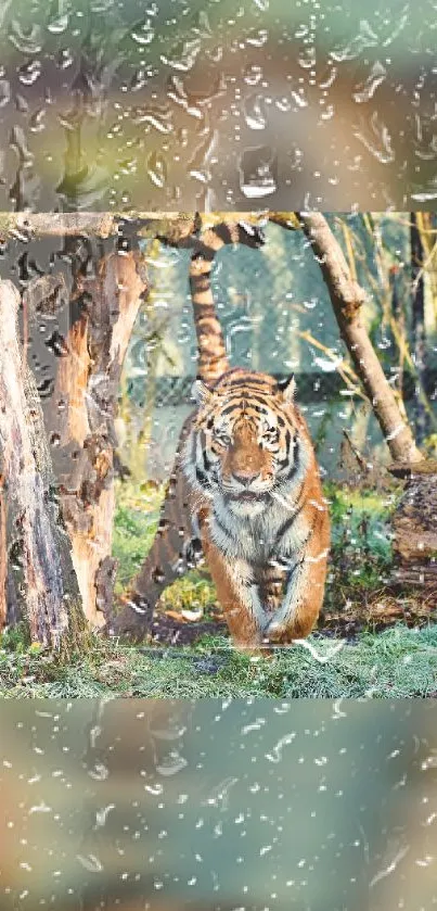 Tiger walking behind glass with raindrops in forest setting.