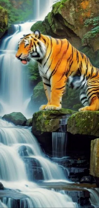 Tiger standing near a waterfall in the jungle, showcasing natural beauty.