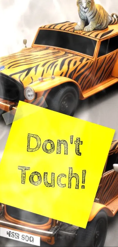 Tiger-themed car wallpaper with 'Don't Touch!' sign for phones.