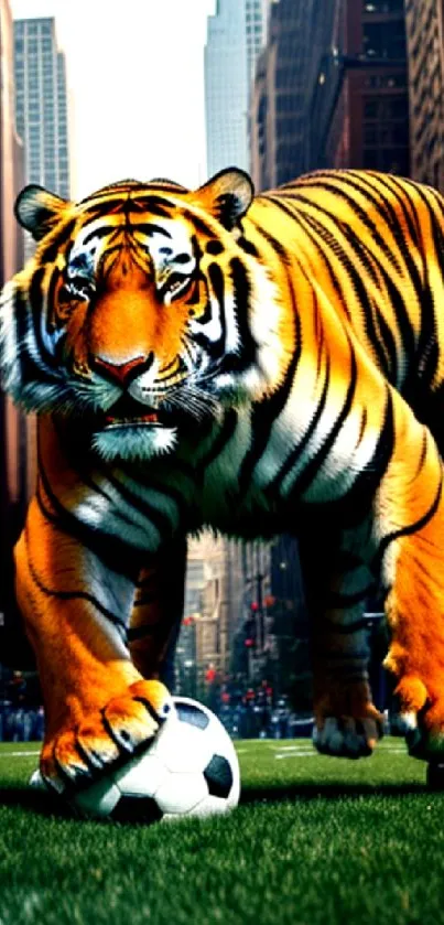 Tiger playing soccer in vibrant cityscape wallpaper.