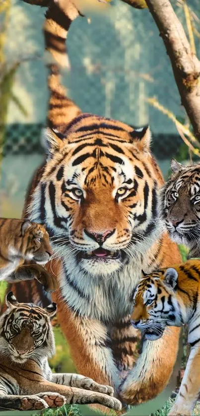 A vibrant collage of tigers in a jungle setting, perfect for mobile wallpaper.