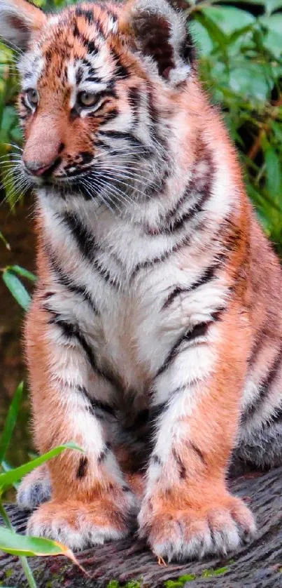 Adorable tiger cub sitting on a log surrounded by vibrant green bamboo.