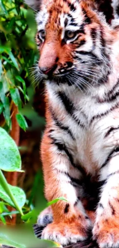 Tiger cub sitting amidst green foliage, captured beautifully in nature.