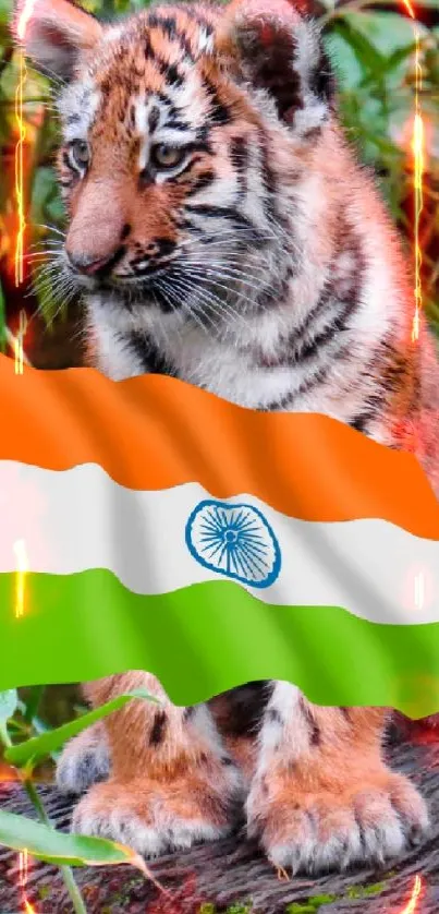 A tiger cub with an Indian flag in a lush green jungle setting.