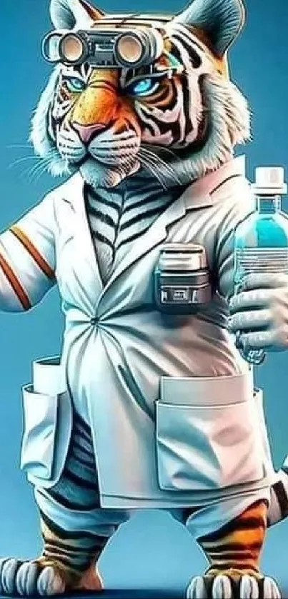 Cartoon tiger dressed as a doctor holding medical tools.