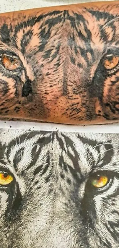 Realistic tiger eye tattoo on arm, close-up art.