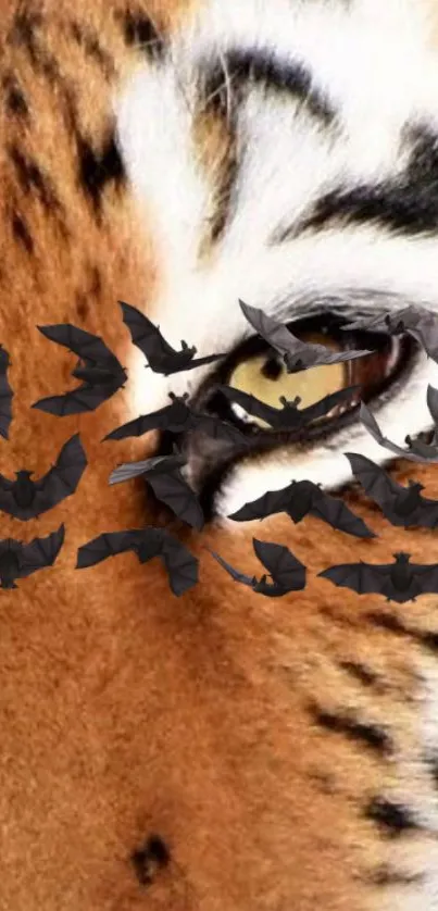 Close-up of a tiger eye with black bats flying across.