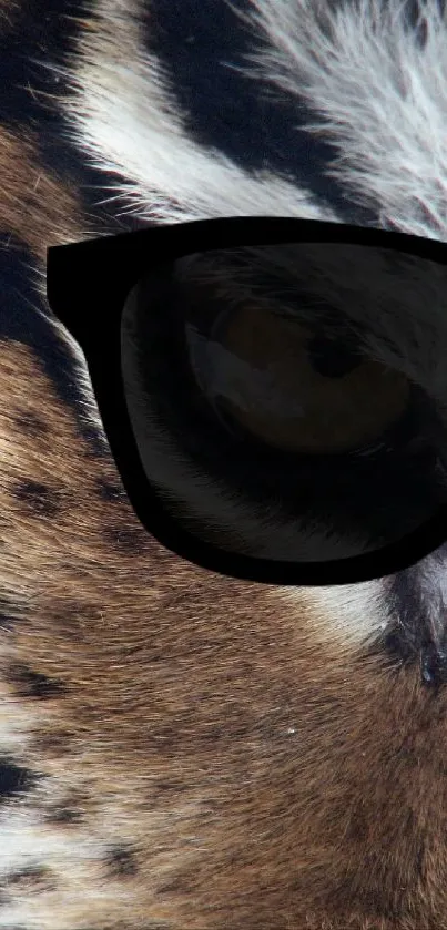 Close-up of a tiger's eye wearing black sunglasses on a colorful mobile wallpaper.