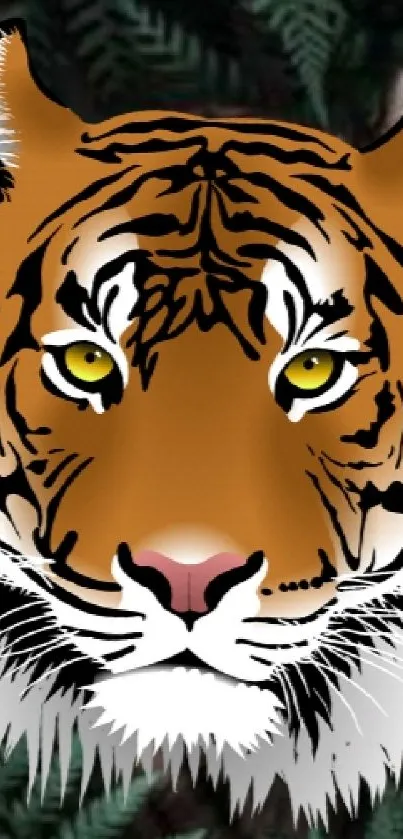 Illustrated tiger face with vivid details on lush forest background.