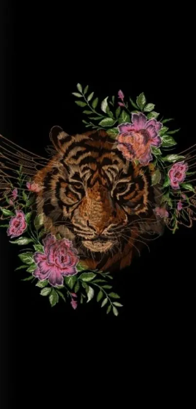 Embroidered tiger with floral wings on black background.