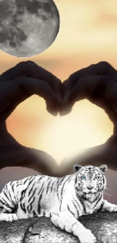 Sunset with heart-shaped hands, moon, and white tiger on a mobile wallpaper.