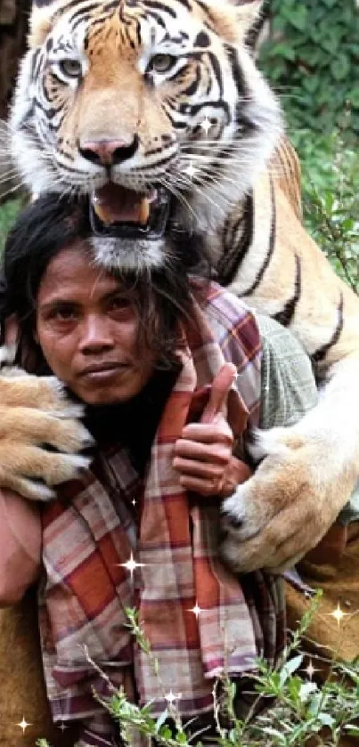 Tiger hugging a person in a lush green jungle.