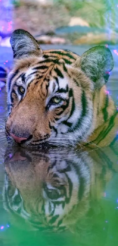 Majestic tiger resting in water with lush greenery around.