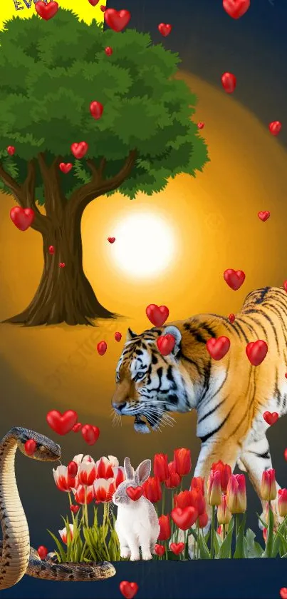 Magical scene with tiger, tree, and hearts in a sunset forest.