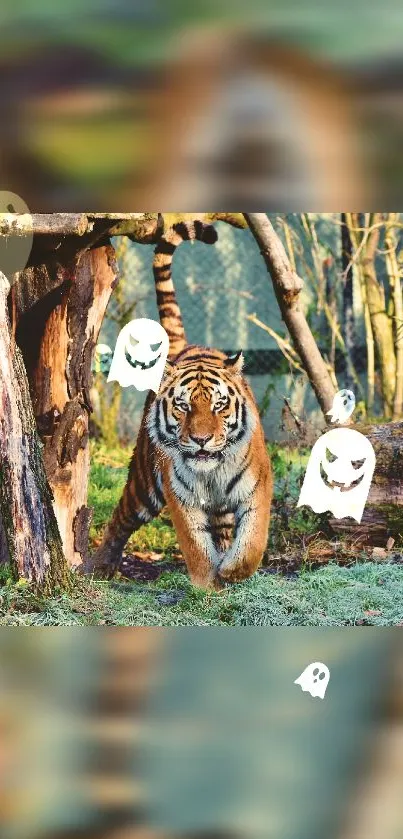 Tiger in a forest with ghost illustrations, perfect for Halloween.