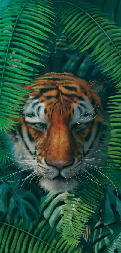 Majestic tiger head peering through lush green jungle leaves.