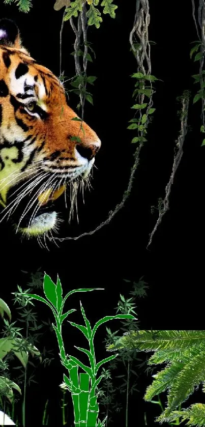 A majestic tiger walks through jungle foliage on a black background wallpaper.