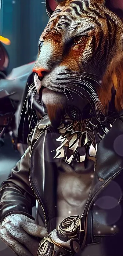 A stylish tiger in a leather jacket showcasing urban art style.