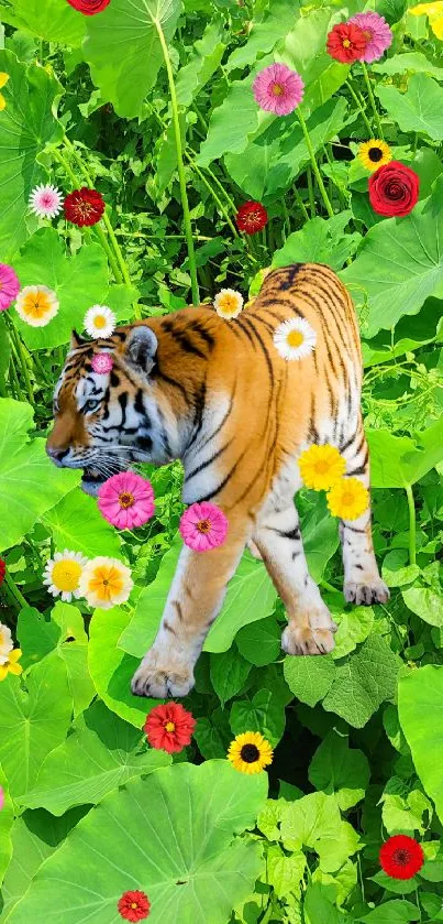 Tiger standing amidst vibrant green leaves.